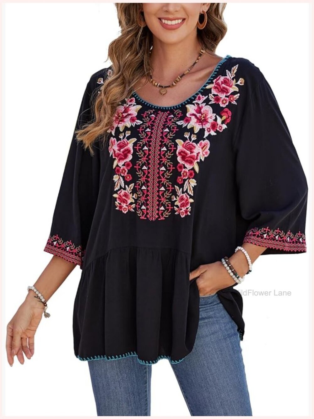 Plus Size Boho Floral Embroidered Peasant Tunic 3/4 Sleeve